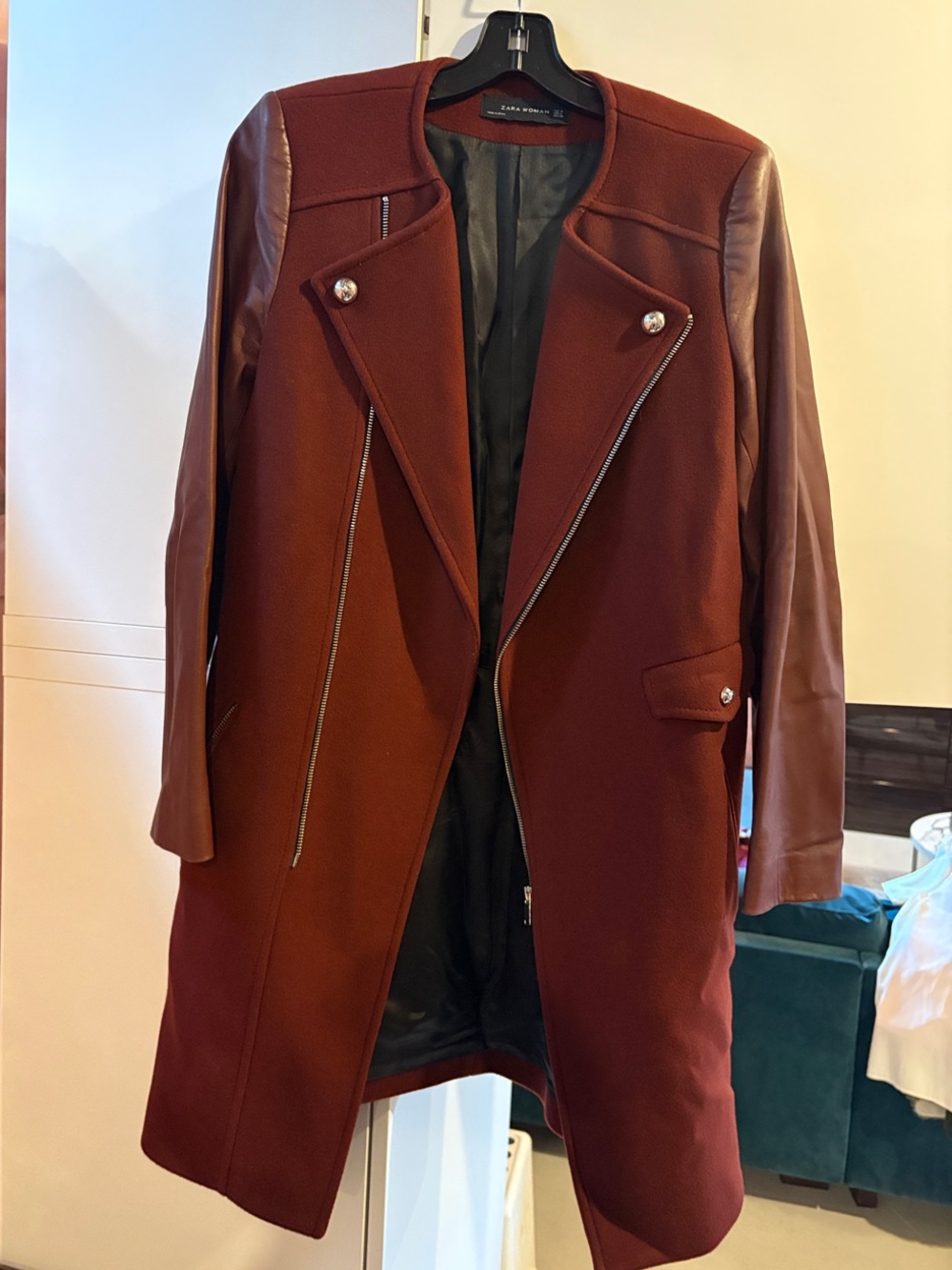 Zara Woman Coat in Deep Rust Red with Black Lining